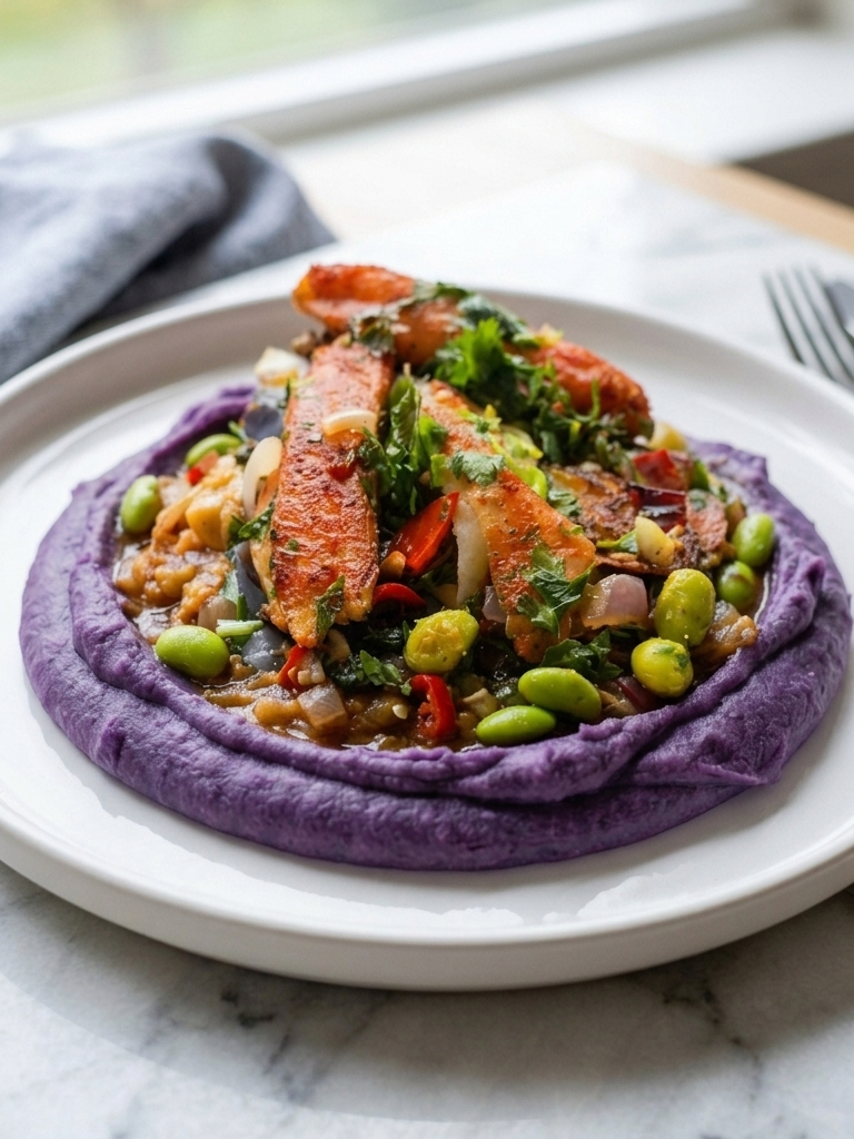 Garlicky Crab & Edamame over Purple Potato Mash Recipe Card