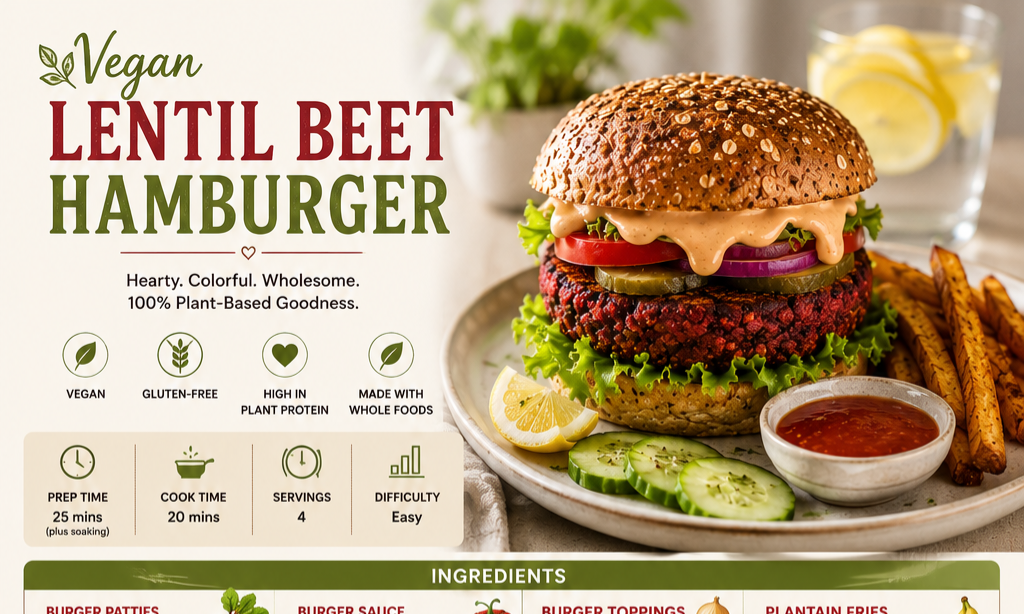Vegan Lentil Beet Burger with Crispy Plantain Fries | High-Protein Plant-Based Burger Recipe Card | Healthy Lunch & Dinner