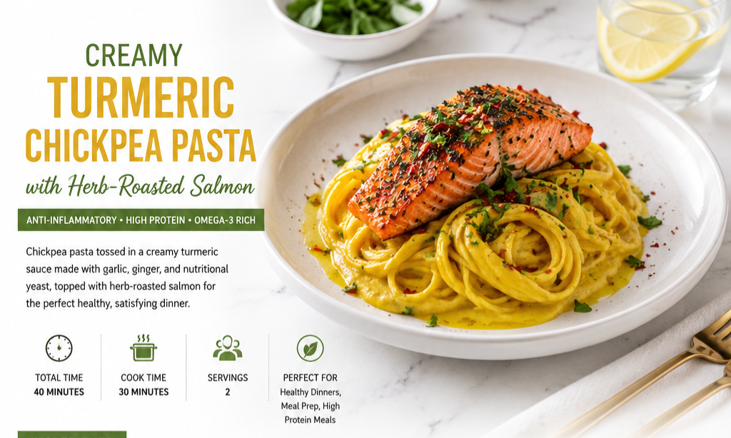Creamy Turmeric Chickpea Pasta with Herb-Roasted Salmon Recipe Card