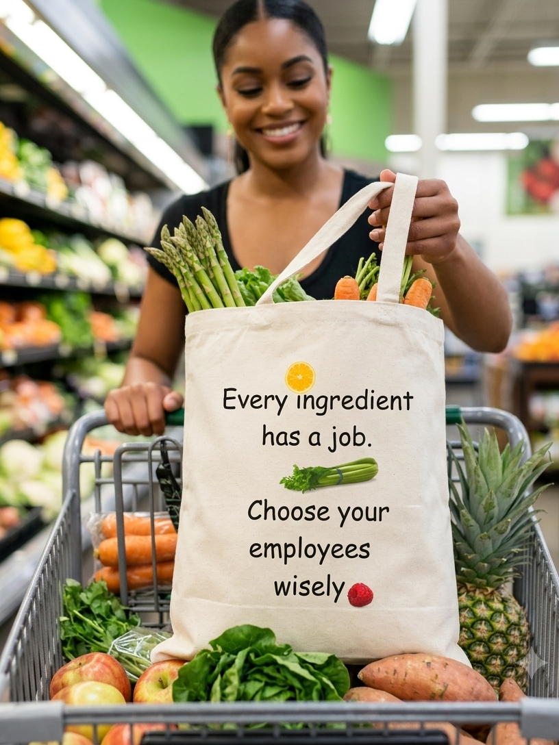 Tote Bag — "Every ingredient has a job. Choose your employees wisely." Canvas Grocery Tote