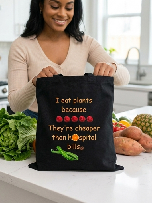 Tote Bag — “I Eat Plants Because They’re Cheaper Than Hospital Bills” Funny Vegan Grocery Tote Printify