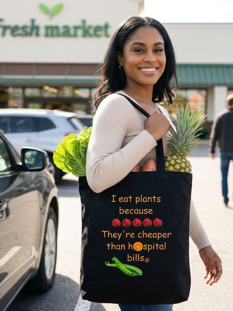 Tote Bag — “I Eat Plants Because They’re Cheaper Than Hospital Bills” Funny Vegan Grocery Tote