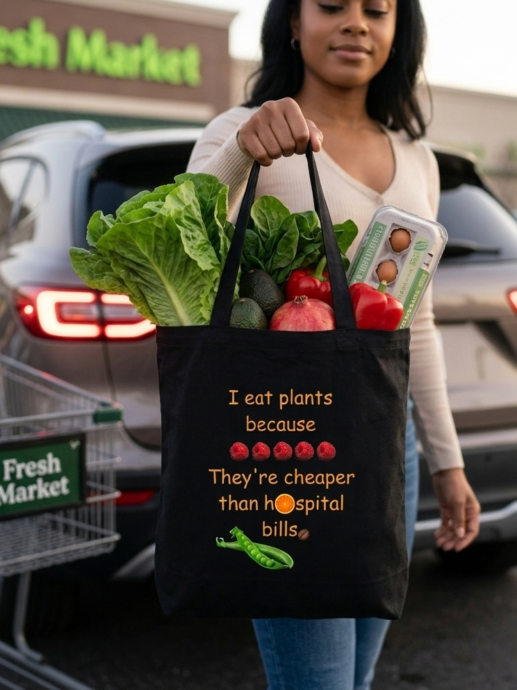 Tote Bag — “I Eat Plants Because They’re Cheaper Than Hospital Bills” Funny Vegan Grocery Tote