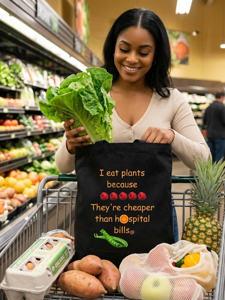 Tote Bag — “I Eat Plants Because They’re Cheaper Than Hospital Bills” Funny Vegan Grocery Tote