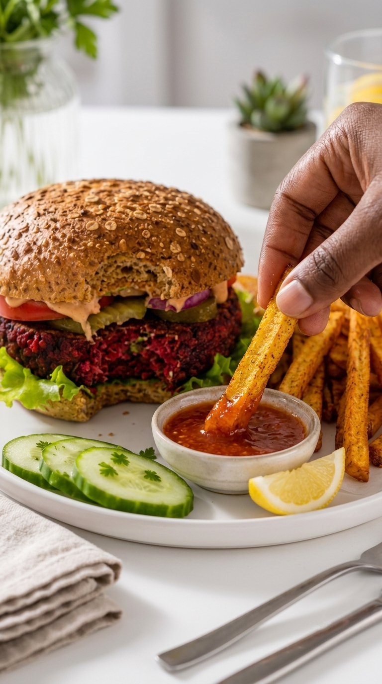 Vegan Lentil Beet Burger with Crispy Plantain Fries | High-Protein Plant-Based Burger Recipe Card | Healthy Lunch & Dinner