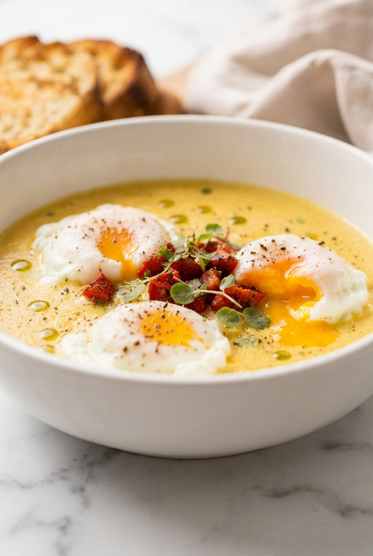 Chickpea Coconut Breakfast Soup with Poached Eggs