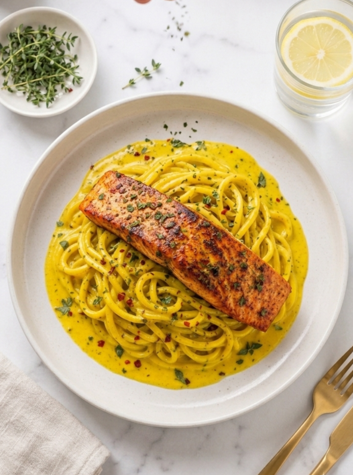 Creamy Turmeric Chickpea Pasta with Herb-Roasted Salmon Recipe Card