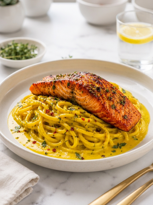 Creamy Turmeric Chickpea Pasta with Herb-Roasted Salmon Recipe Card Everyday Wellness