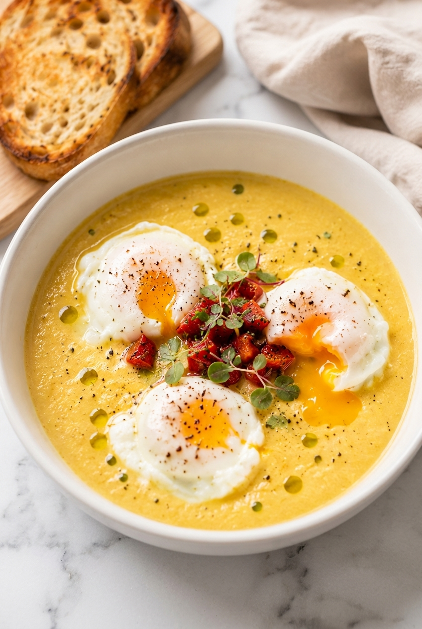 Chickpea Coconut Breakfast Soup with Poached Eggs