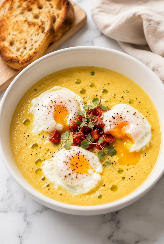 Chickpea Coconut Breakfast Soup with Poached Eggs