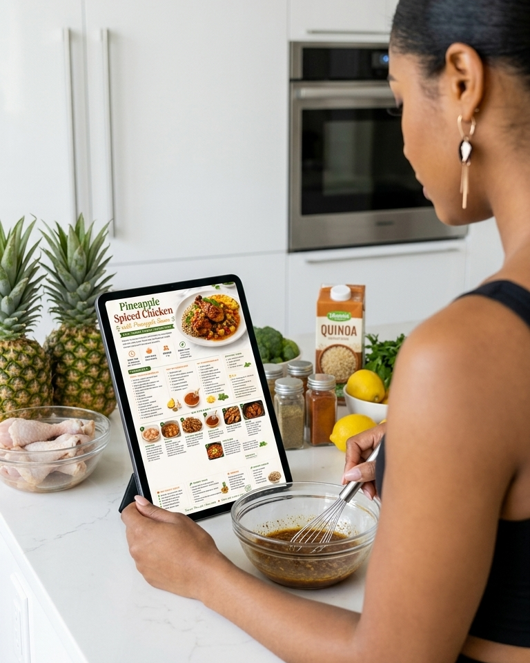 A woman in a black sports bra stands at a white kitchen island holding a tablet displaying a recipe page for pumpkin pie chicken. She is whisking a bowl of sauce, with fresh ingredients including pineapples, lemons, and a carton of quinoa on the counter.