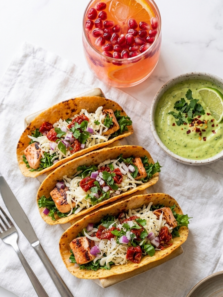Gut-Friendly Grilled Salmon Tacos with Homemade Red Lentil Taco Shells Recipe Card Everyday Wellness