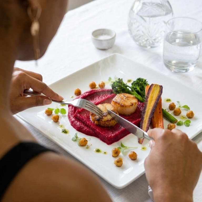 Seared Scallops with Beet & Sweet Potato Purée | Healthy Mediterranean Seafood Dinner Recipe Card | Printable Digital Download