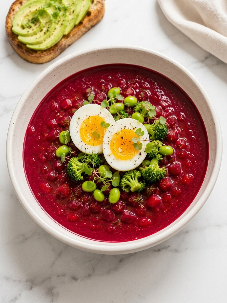 A top-down view of a white ceramic bowl filled with a deep red beet soup, garnished with two halves of a soft-boiled egg, broccoli florets, edamame, and microgreens. A slice of avocado toast is visible in the top-left corner on a white marble surface.