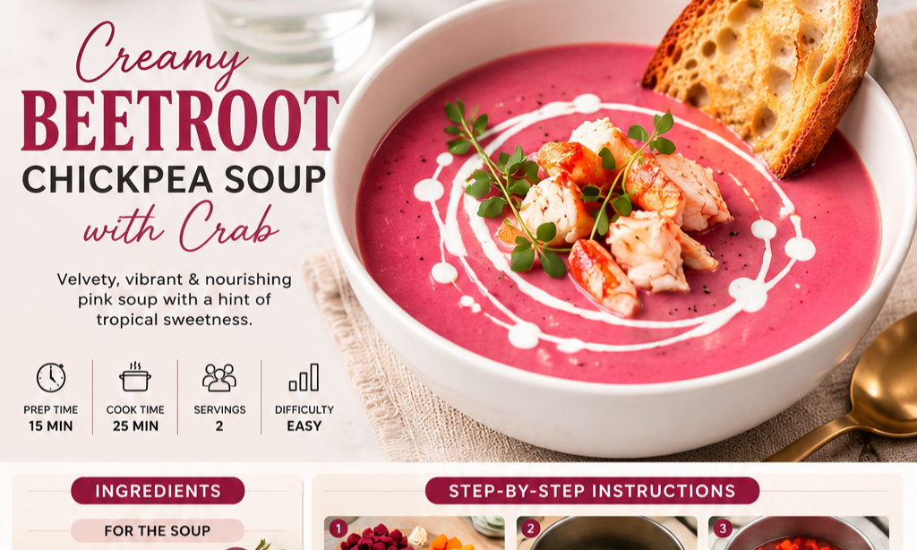 Creamy Beetroot Chickpea Soup with Crab | Healthy Seafood Soup Recipe | Anti-Inflammatory Cozy Dinner | Printable Digital Recipe Card