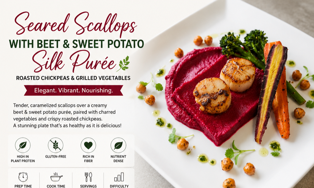 Seared Scallops with Beet & Sweet Potato Purée | Healthy Mediterranean Seafood Dinner Recipe Card | Printable Digital Download