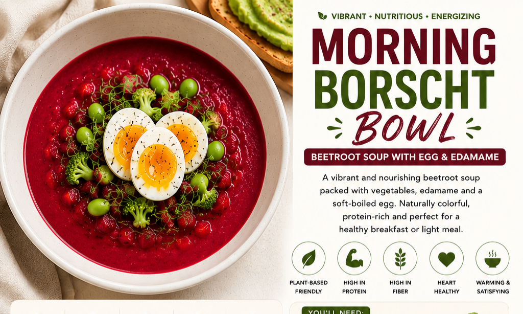 A promotional graphic for a 'Morning Borscht Bowl' featuring a white bowl filled with red beetroot soup, topped with sliced hard-boiled eggs, broccoli florets, and edamame. The right side contains product text describing the ingredients and benefits, with icons indicating plant-based, high protein, high fiber, heart healthy, and warming properties.