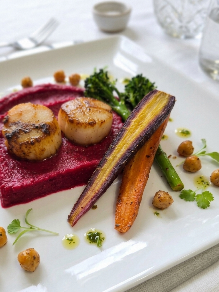 Seared Scallops with Beet & Sweet Potato Purée | Healthy Mediterranean Seafood Dinner Recipe Card | Printable Digital Download
