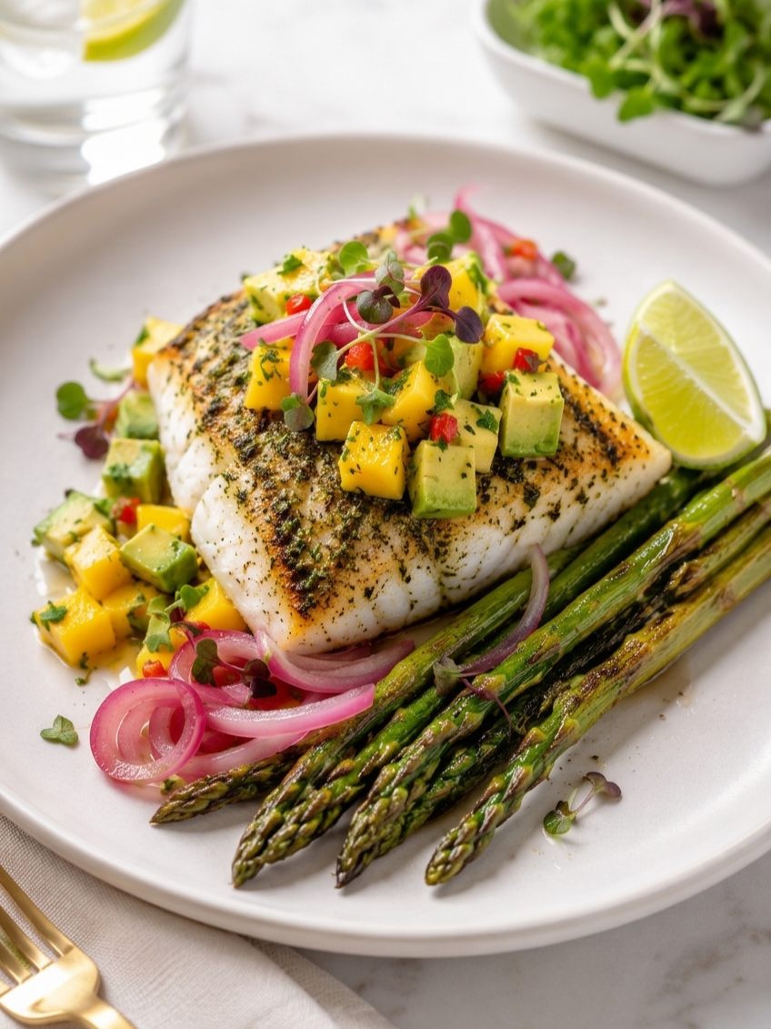 A plated meal featuring a grilled fish fillet topped with diced mango, avocado, and red onion salsa, served over asparagus and red onion on a white plate with a lime wedge.