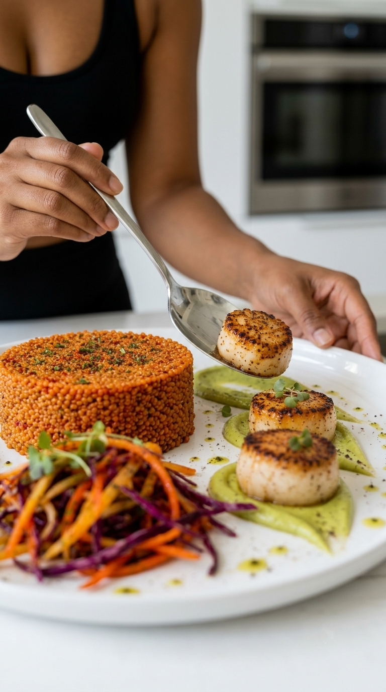 Smoky Paprika Couscous with Seared Scallops & Avocado Herb Purée | Healthy Mediterranean Seafood Dinner Recipe Card