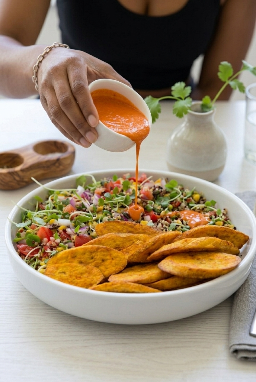 Air Fryer Roasted Plantain Quinoa Salad Bowl Vegan Recipe Card
