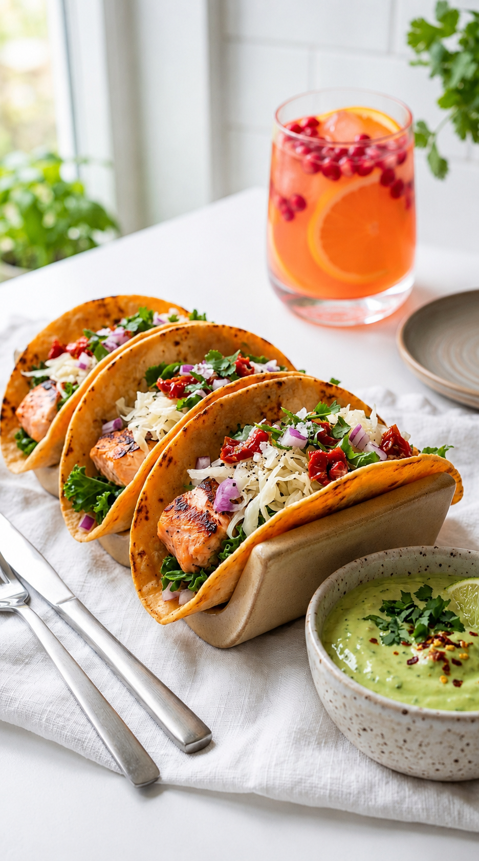 Gut-Friendly Grilled Salmon Tacos with Homemade Red Lentil Taco Shells Recipe Card Everyday Wellness