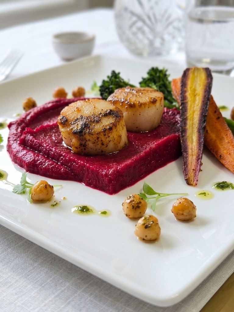 Seared Scallops with Beet & Sweet Potato Purée | Healthy Mediterranean Seafood Dinner Recipe Card | Printable Digital Download