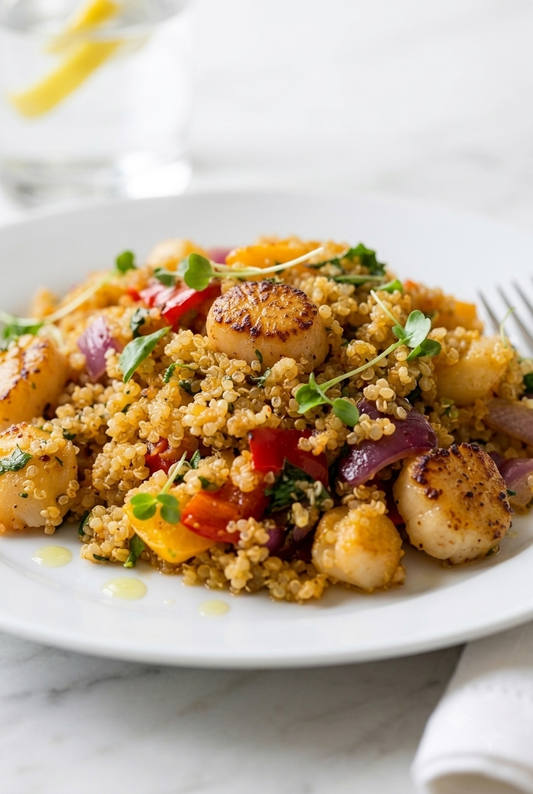 Quinoa with Scallops Healthy High Protein Seafood Dinner Recipe Card Everyday Wellness