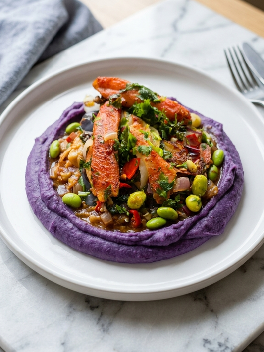 Garlicky Crab & Edamame over Purple Potato Mash Recipe Card Everyday Wellness