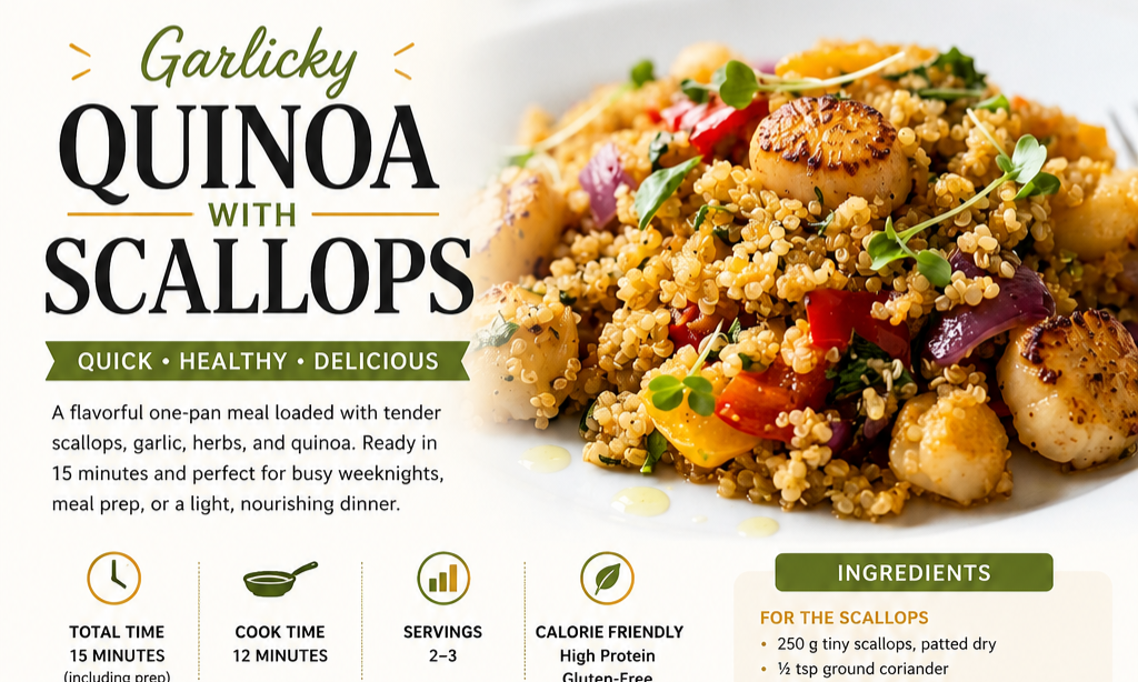 Quinoa with Scallops Healthy High Protein Seafood Dinner Recipe Card