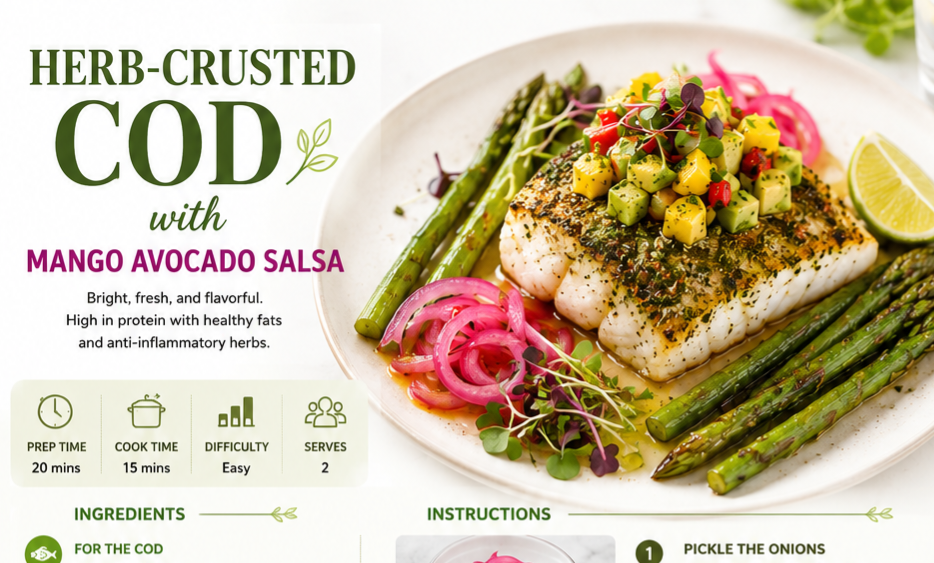 Herb-Crusted Baked Cod with Mango Avocado Salsa