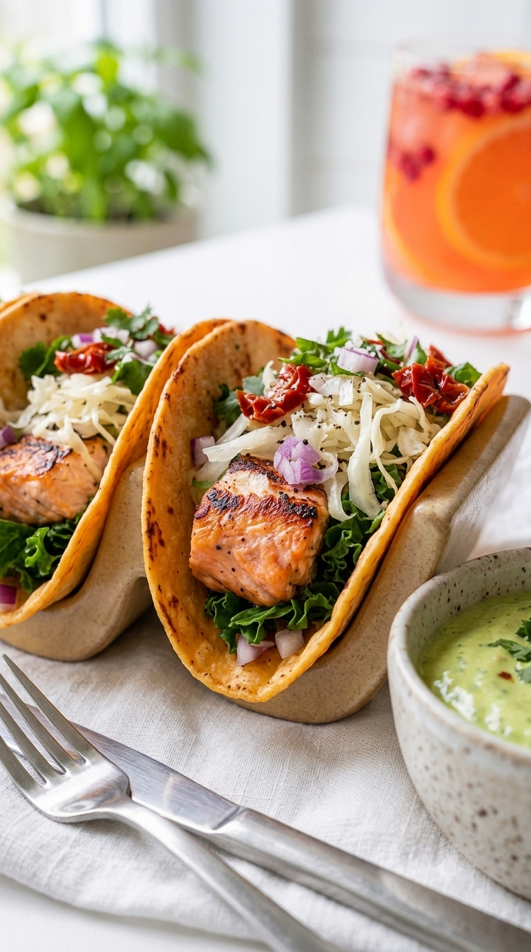Gut-Friendly Grilled Salmon Tacos with Homemade Red Lentil Taco Shells Recipe Card Everyday Wellness