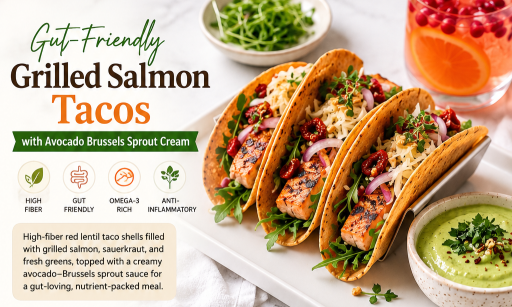 Gut-Friendly Grilled Salmon Tacos with Homemade Red Lentil Taco Shells Recipe Card Everyday Wellness