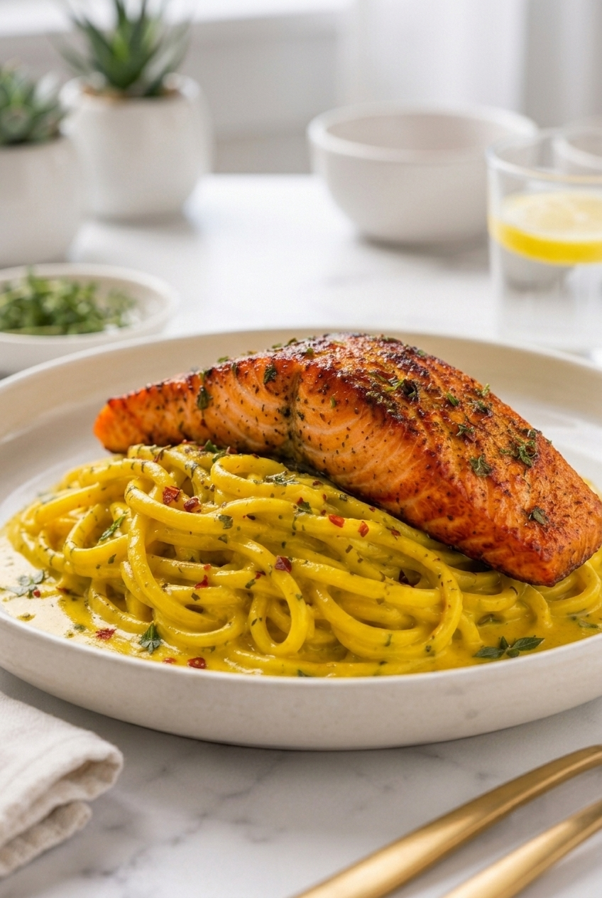 Creamy Turmeric Chickpea Pasta with Herb-Roasted Salmon Recipe Card