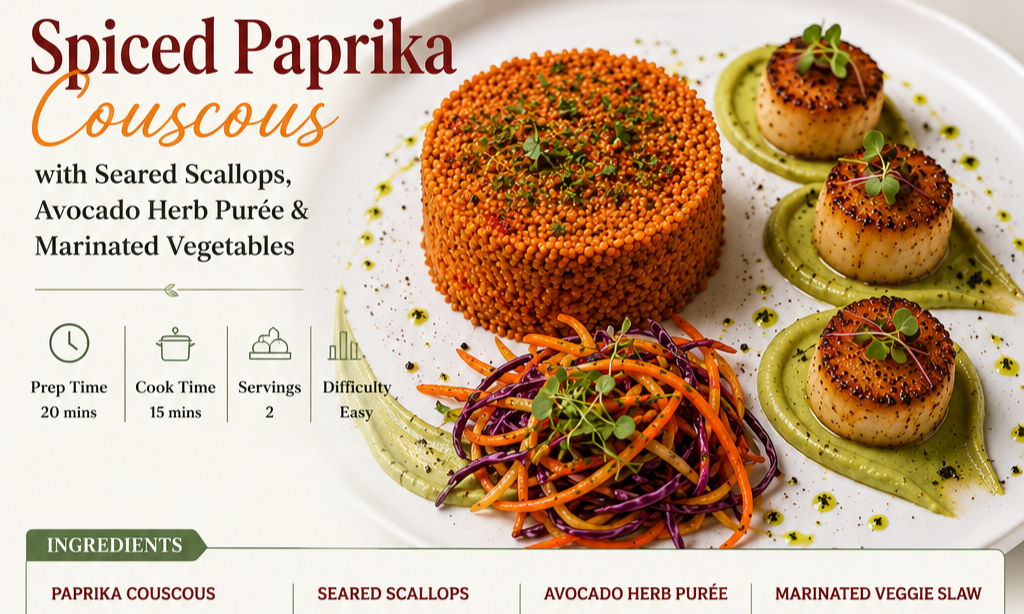 Smoky Paprika Couscous with Seared Scallops & Avocado Herb Purée | Healthy Mediterranean Seafood Dinner Recipe Card