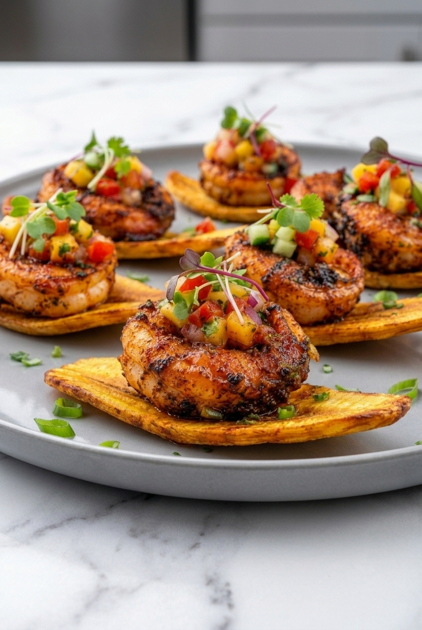 Healthy Fried Plantain Shrimp Bites Recipe Card | Easy Seafood Appetizer