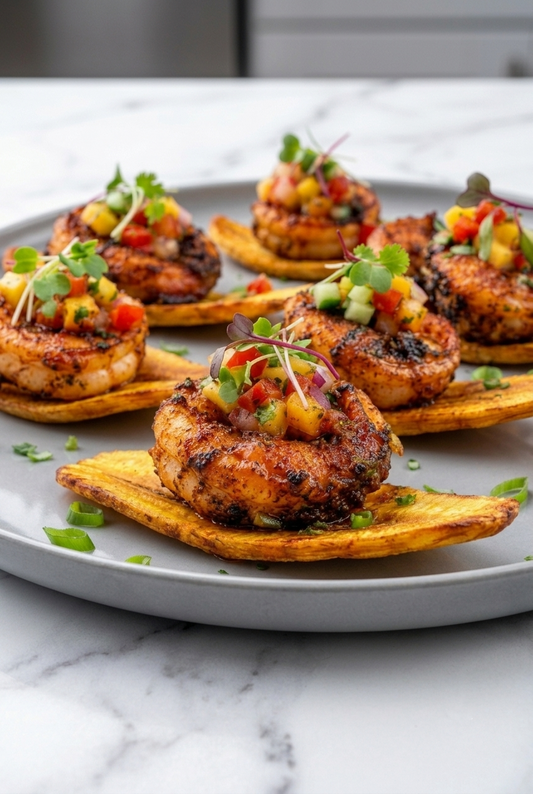 Healthy Fried Plantain Shrimp Bites Recipe Card | Easy Seafood Appetizer Everyday Wellness