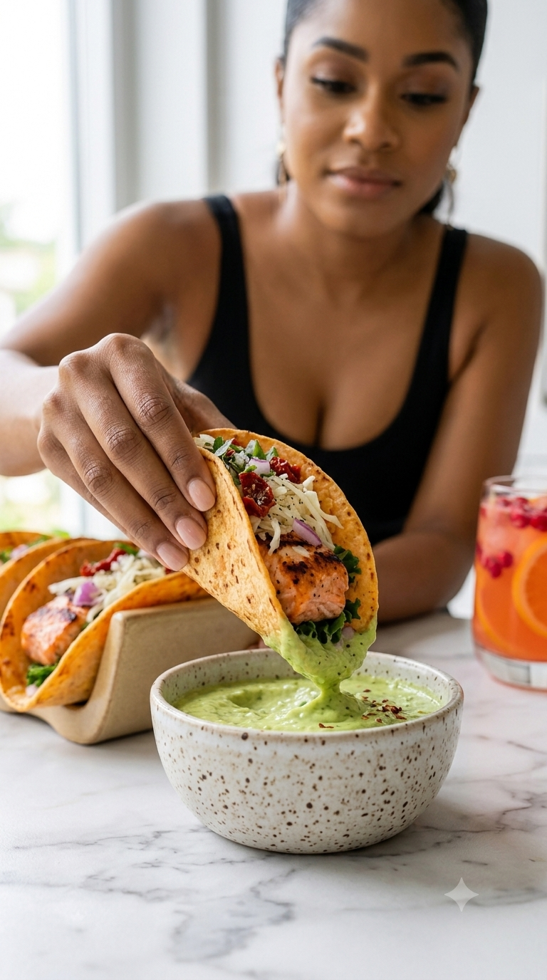 Gut-Friendly Grilled Salmon Tacos with Homemade Red Lentil Taco Shells Recipe Card Everyday Wellness