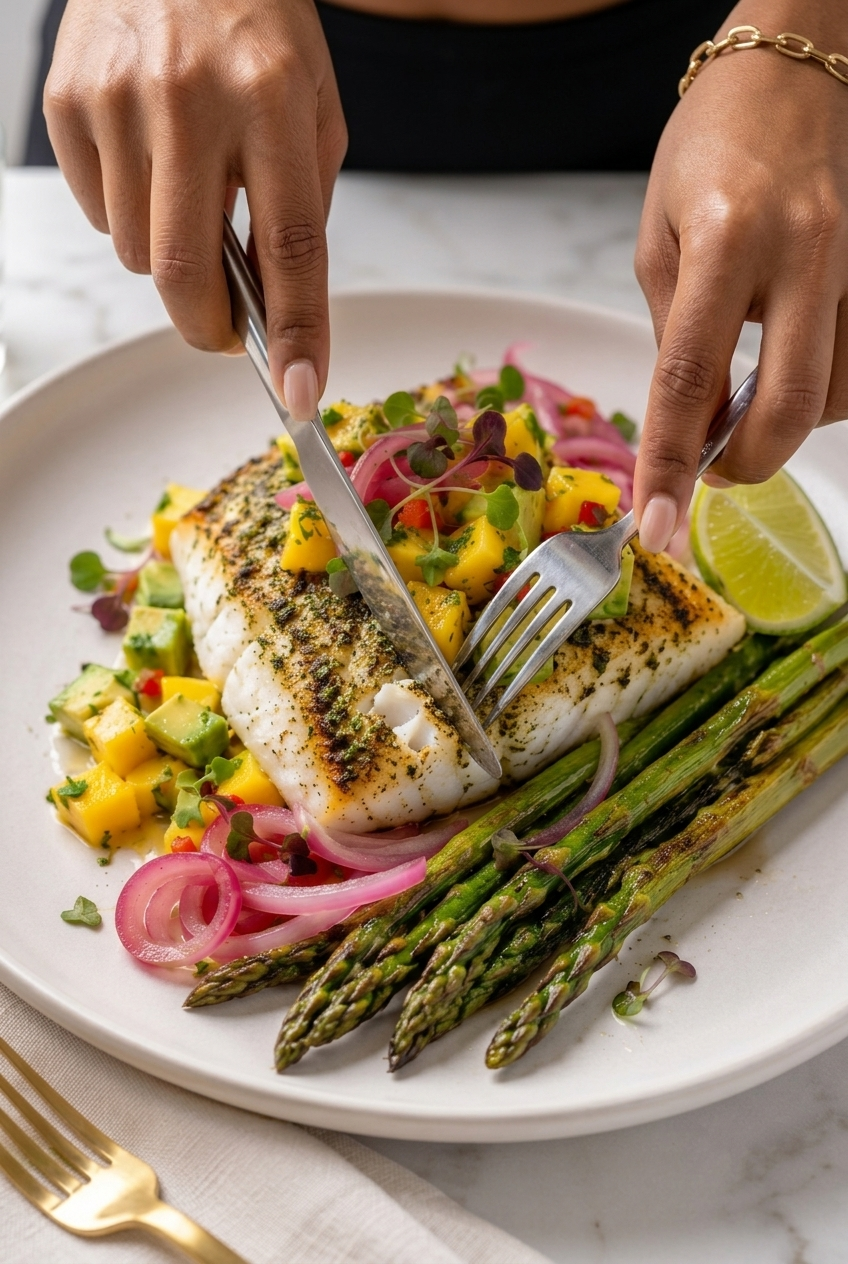 A plated meal featuring a grilled fish fillet on a bed of asparagus, pickled red onions, and a mango salsa, with hands using a knife and fork to cut into the fish on a white plate.