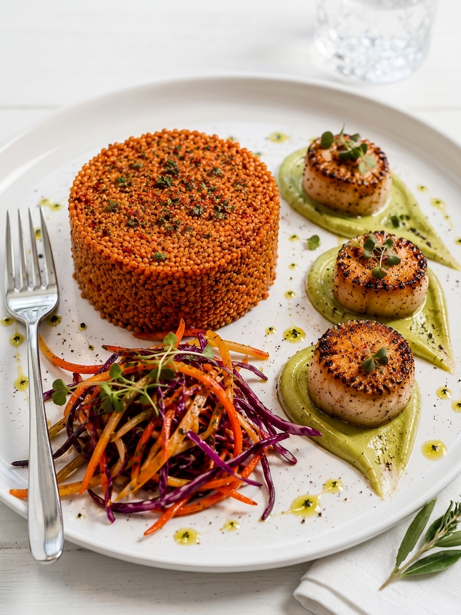 Smoky Paprika Couscous with Seared Scallops & Avocado Herb Purée | Healthy Mediterranean Seafood Dinner Recipe Card