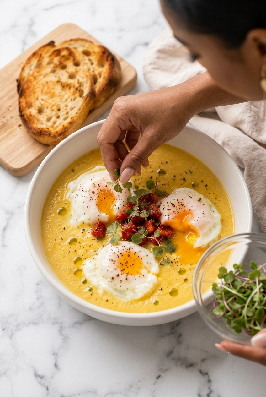 Chickpea Coconut Breakfast Soup with Poached Eggs