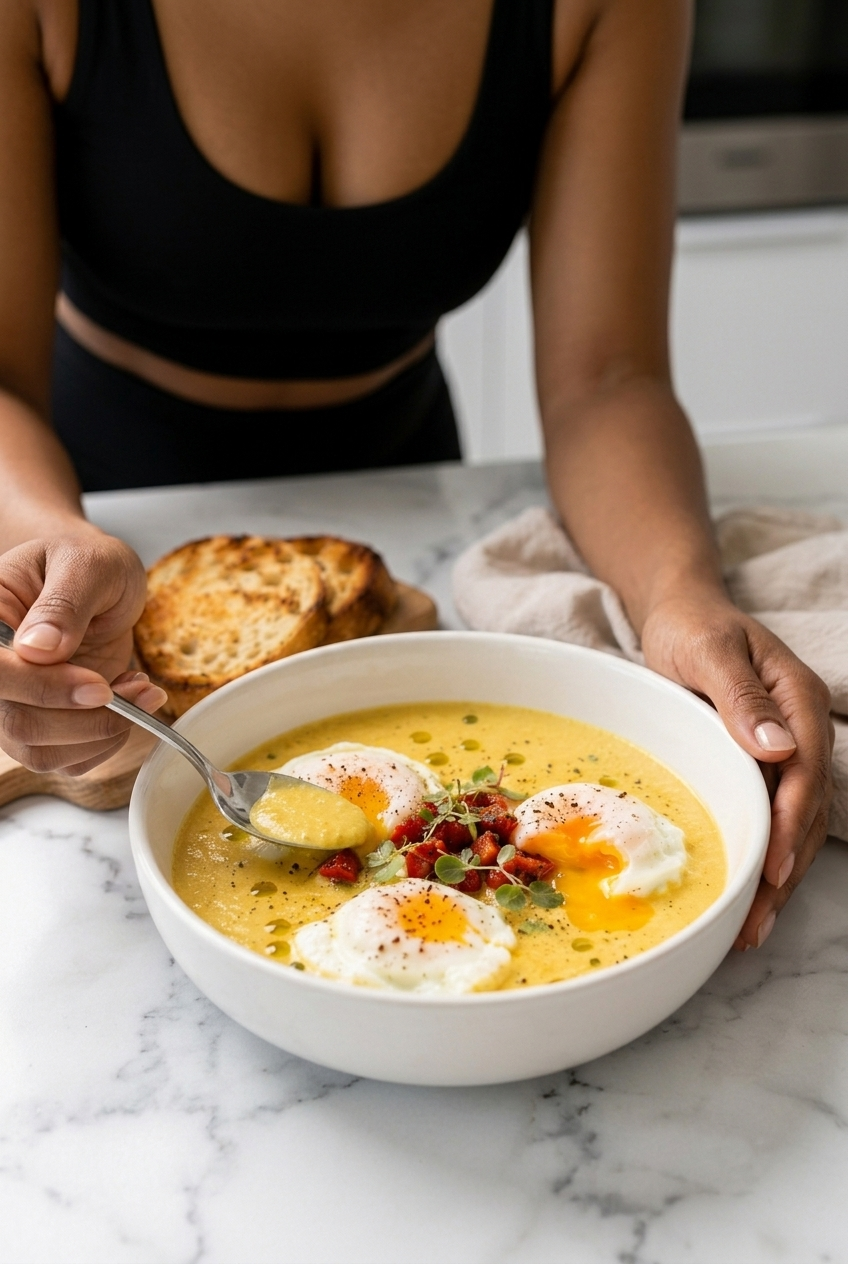 Chickpea Coconut Breakfast Soup with Poached Eggs