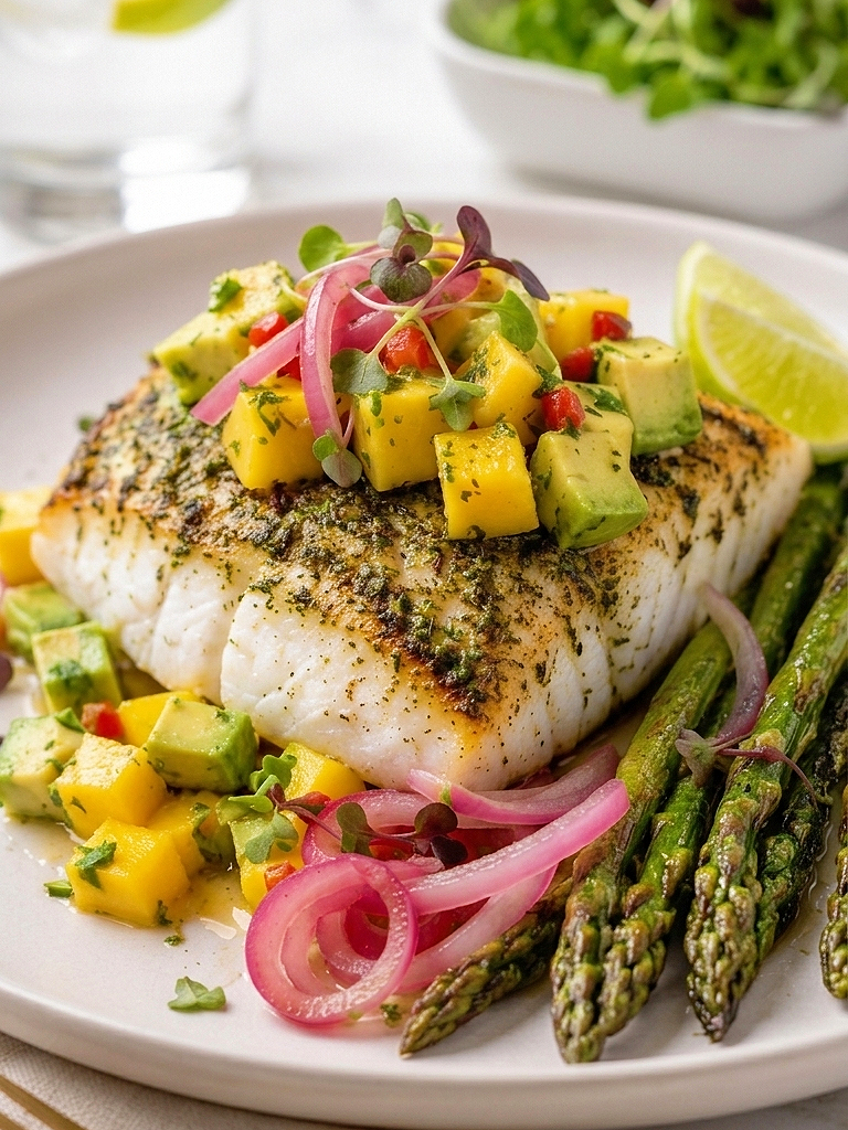 Herb-Crusted Baked Cod with Mango Avocado Salsa