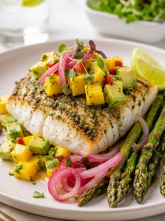 Herb-Crusted Baked Cod with Mango Avocado Salsa