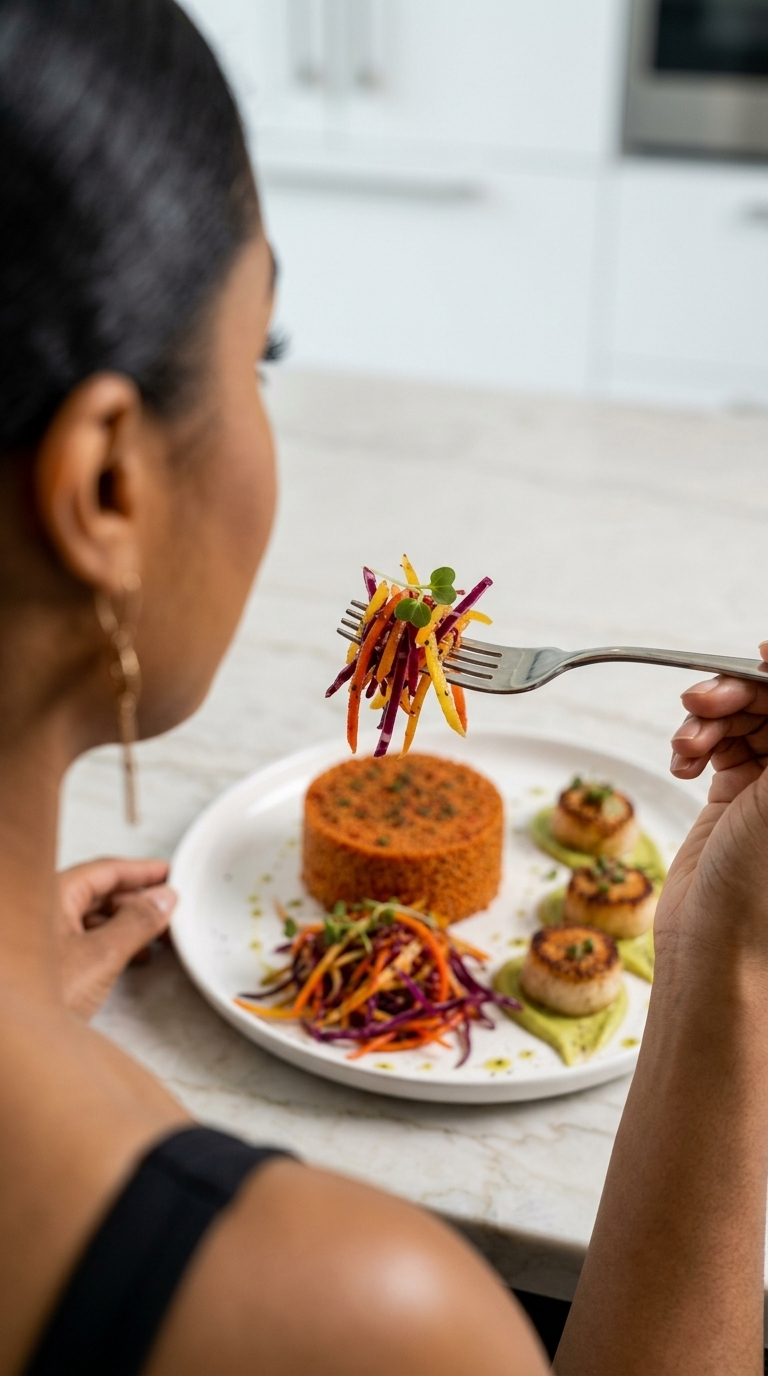 Smoky Paprika Couscous with Seared Scallops & Avocado Herb Purée | Healthy Mediterranean Seafood Dinner Recipe Card