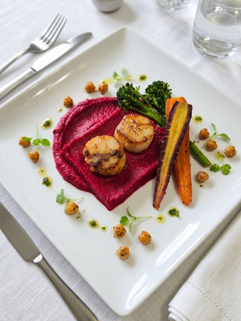 Seared Scallops with Beet & Sweet Potato Purée | Healthy Mediterranean Seafood Dinner Recipe Card | Printable Digital Download