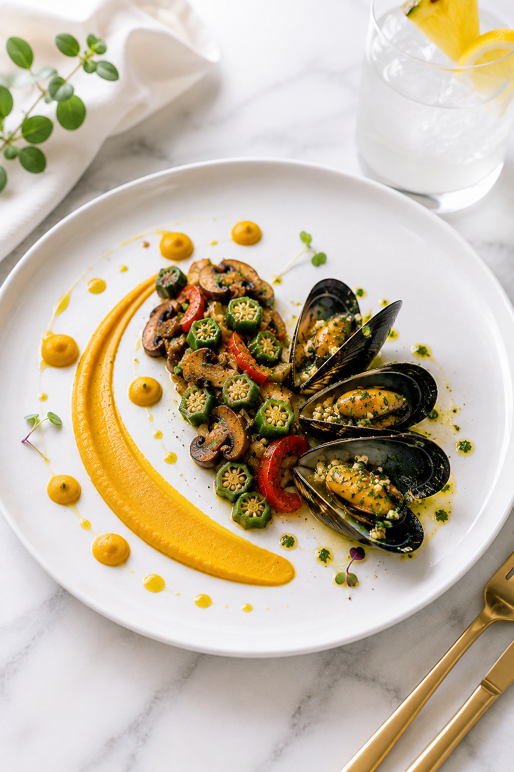 Garlic Herb Mussels with Mushroom & Okra Sauté Recipe Card Everyday Wellness