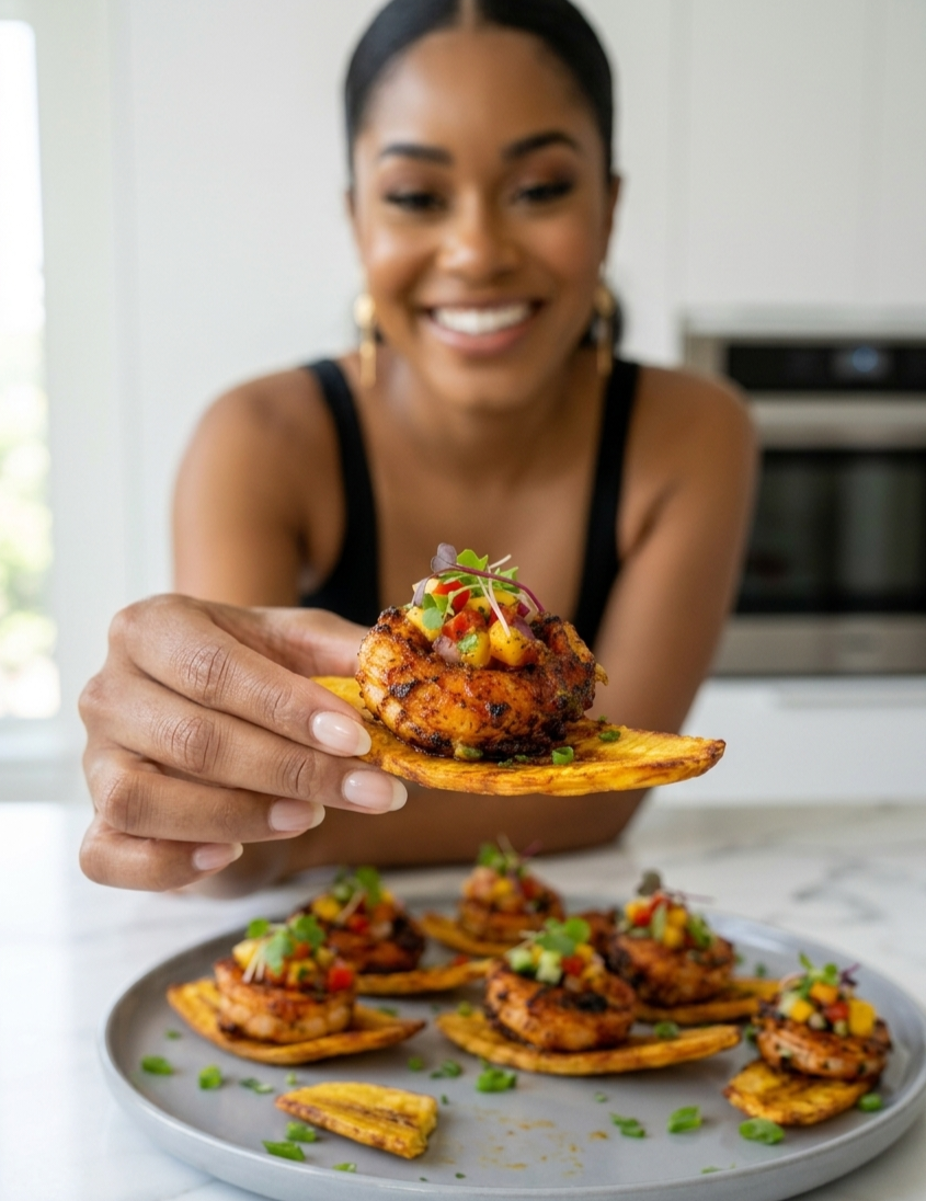 Healthy Fried Plantain Shrimp Bites Recipe Card | Easy Seafood Appetizer