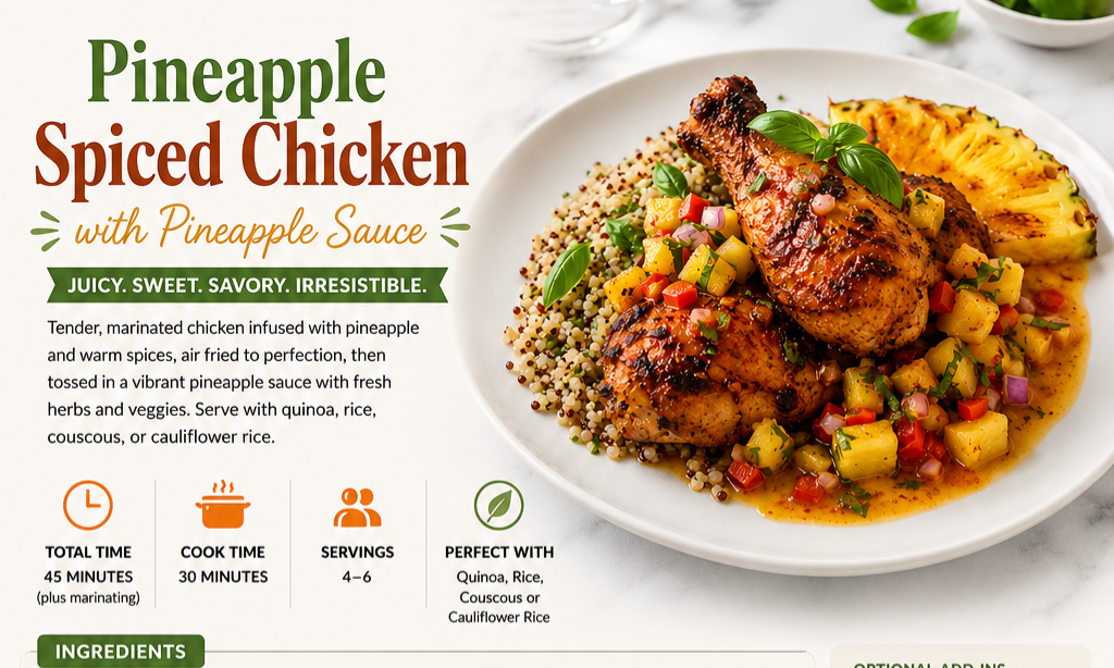Healthy High-Protein Dinner Pineapple Spiced Chicken Recipe Card