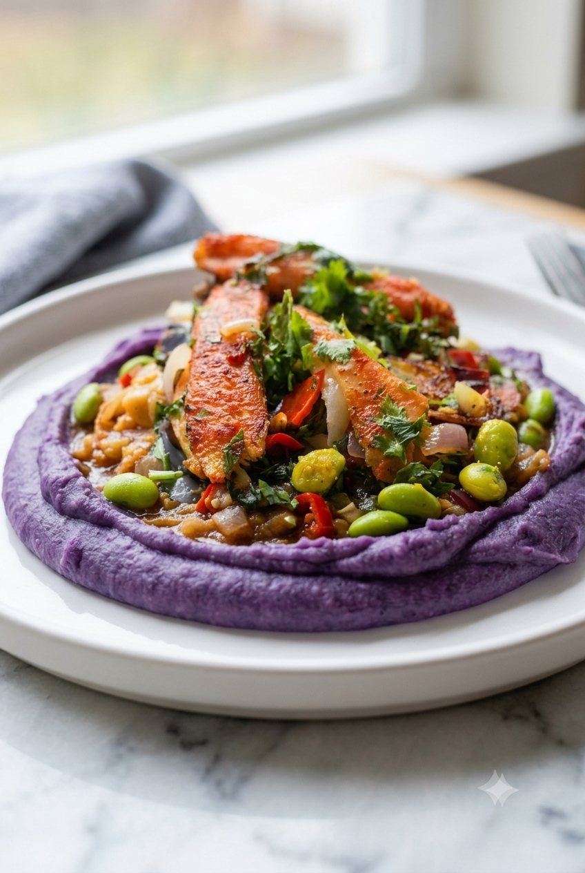 Garlicky Crab & Edamame over Purple Potato Mash Recipe Card